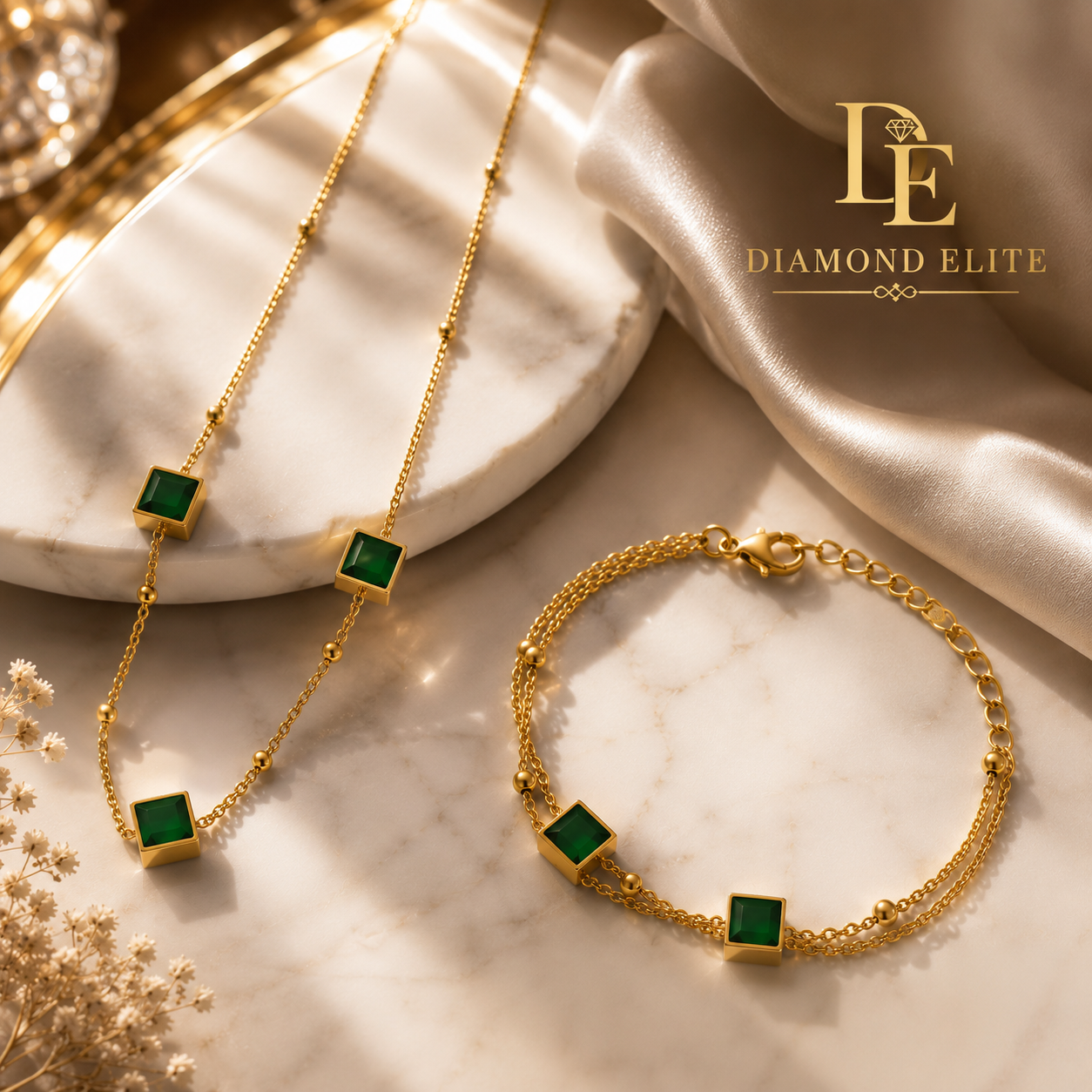 Diamond Elite Luxury Green Emerald Stainless Steel Necklace & Bracelet Set