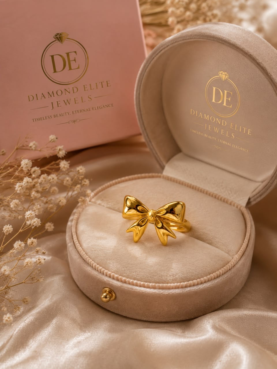 Diamond Elite Golden Bow Ring Elegant Gold Plated Stainless Steel Ring