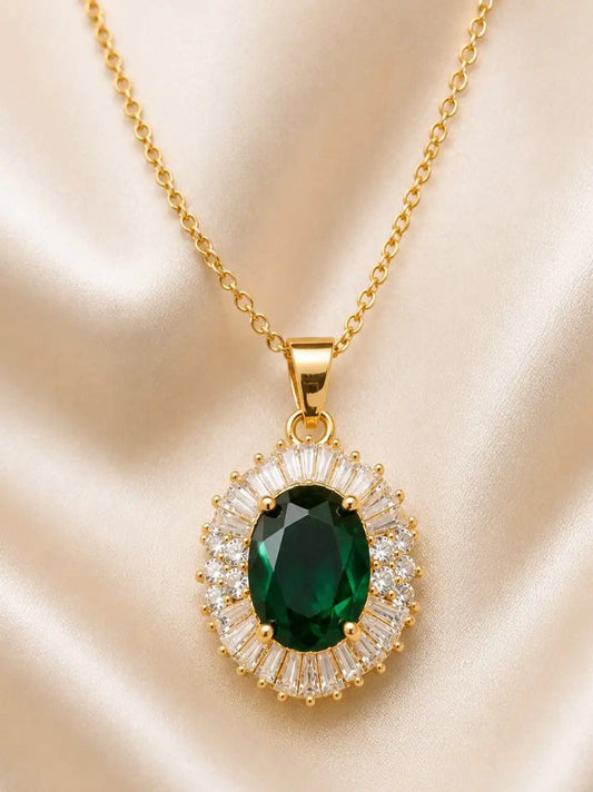 Luxury Green Stone Oval Pendant  Diamond Elite Exclusive