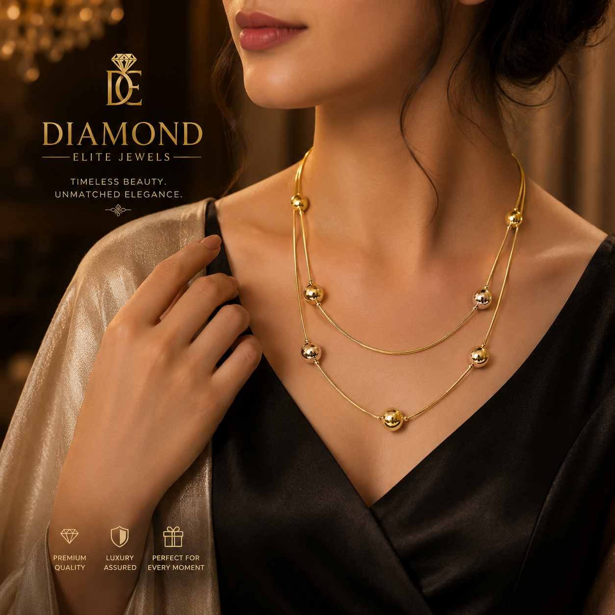 Diamond Elite Jewels Double Layer Golden Elegance Necklace With free earrings
