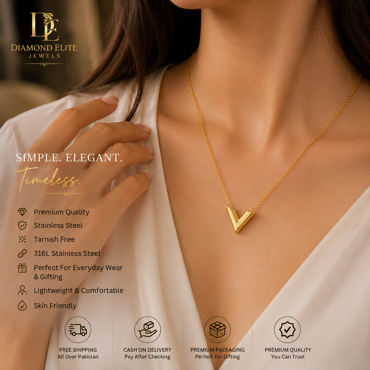 Luxury Gold-Plated V Necklace Diamond Elite Jewels