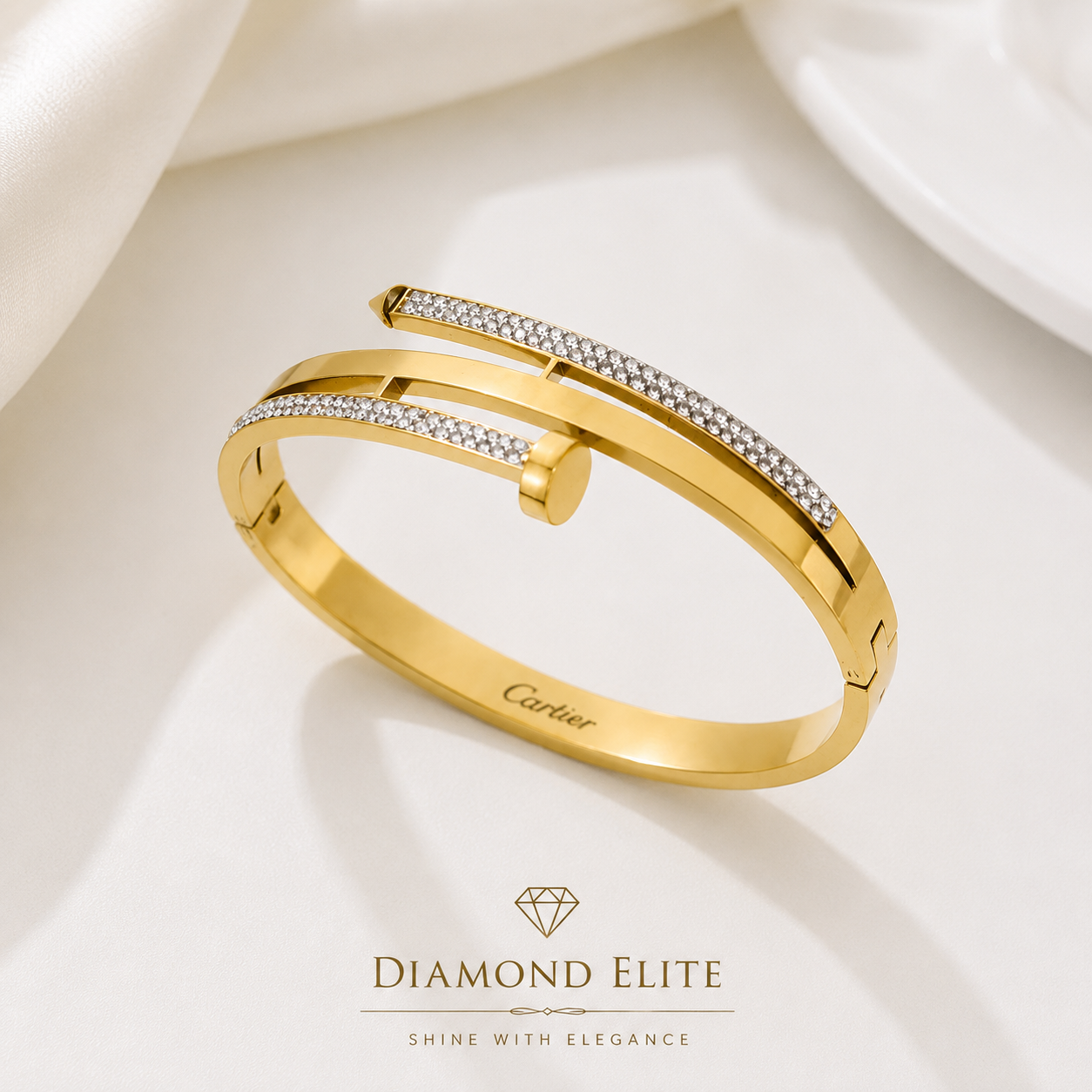 Diamond Elite Luxury Gold-Plated Stainless Steel Crystal Bangle ✨