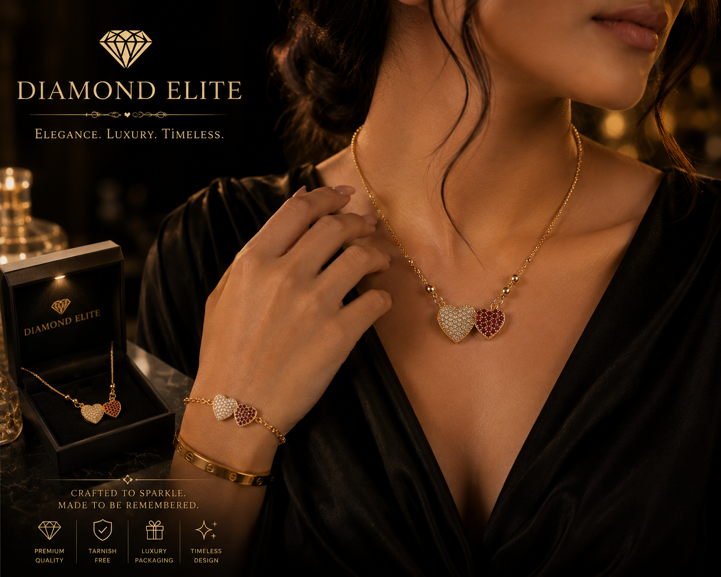 Diamond Elite Luxury Double Heart Crystal Necklace