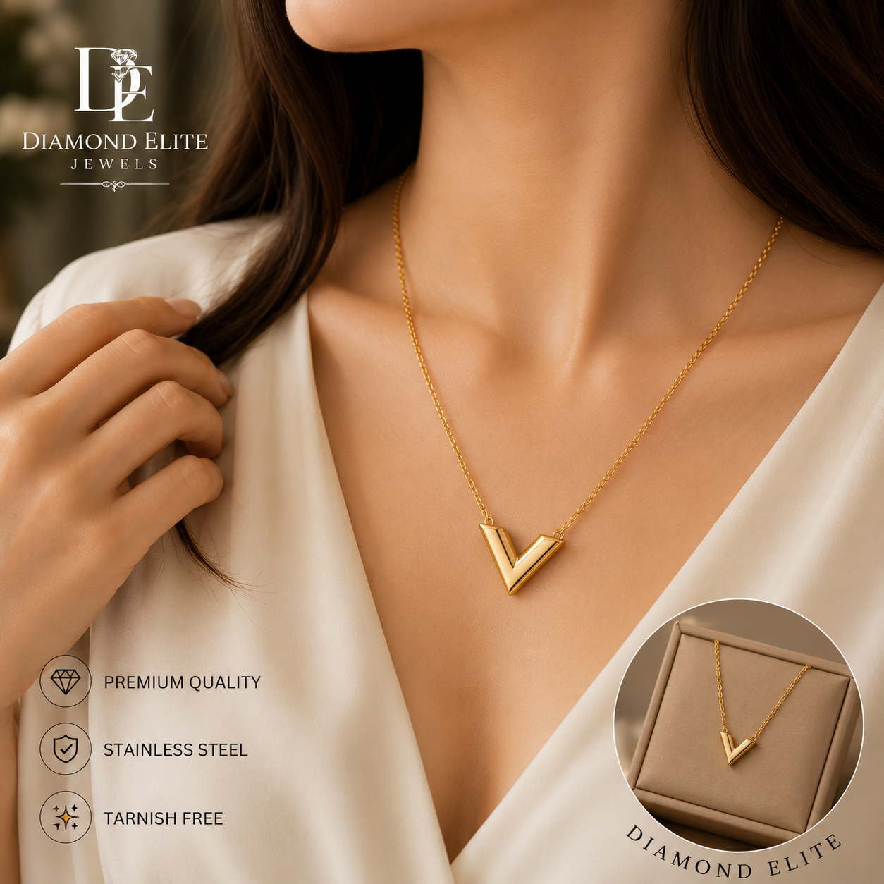 Luxury Gold-Plated V Necklace Diamond Elite Jewels