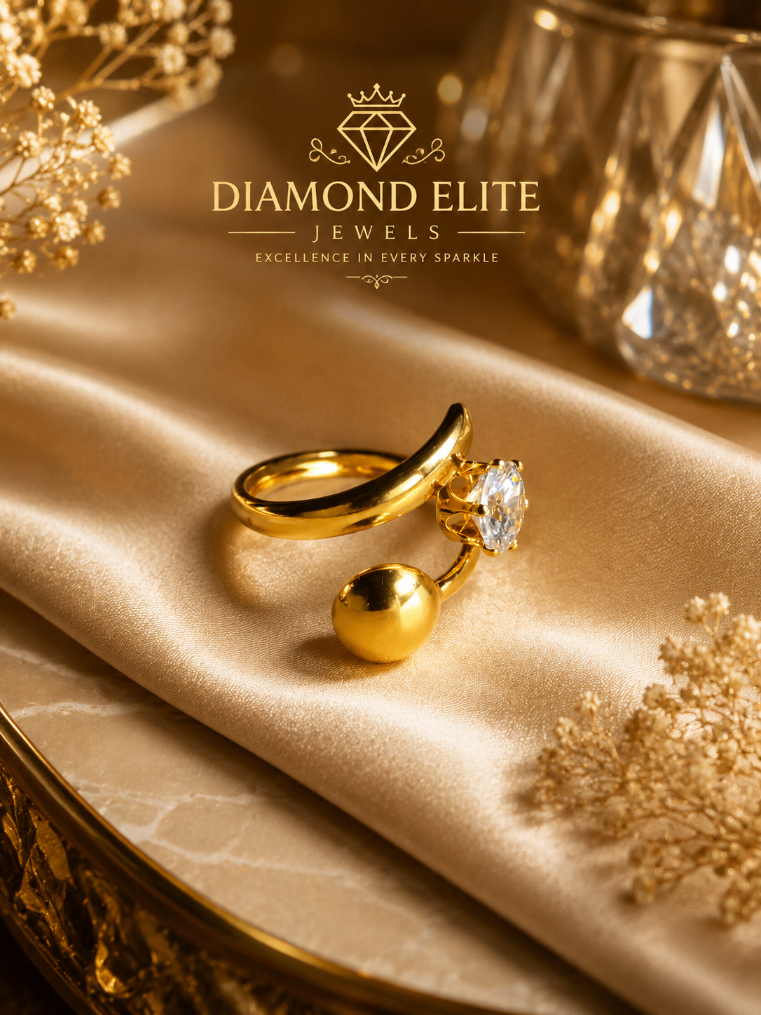 Diamond Elite Gold Plated Adjustable Open Ring with Brilliant Cubic Zirconia Stone