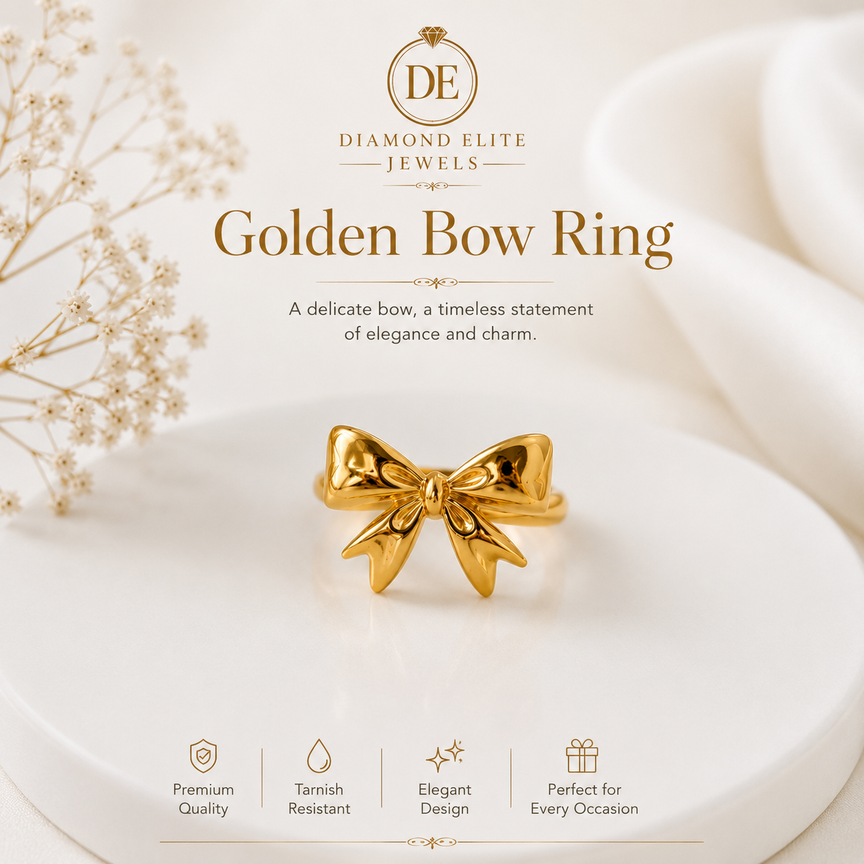 Diamond Elite Golden Bow Ring Elegant Gold Plated Stainless Steel Ring