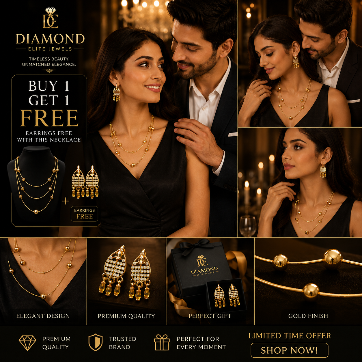Diamond Elite Jewels Double Layer Golden Elegance Necklace With free earrings