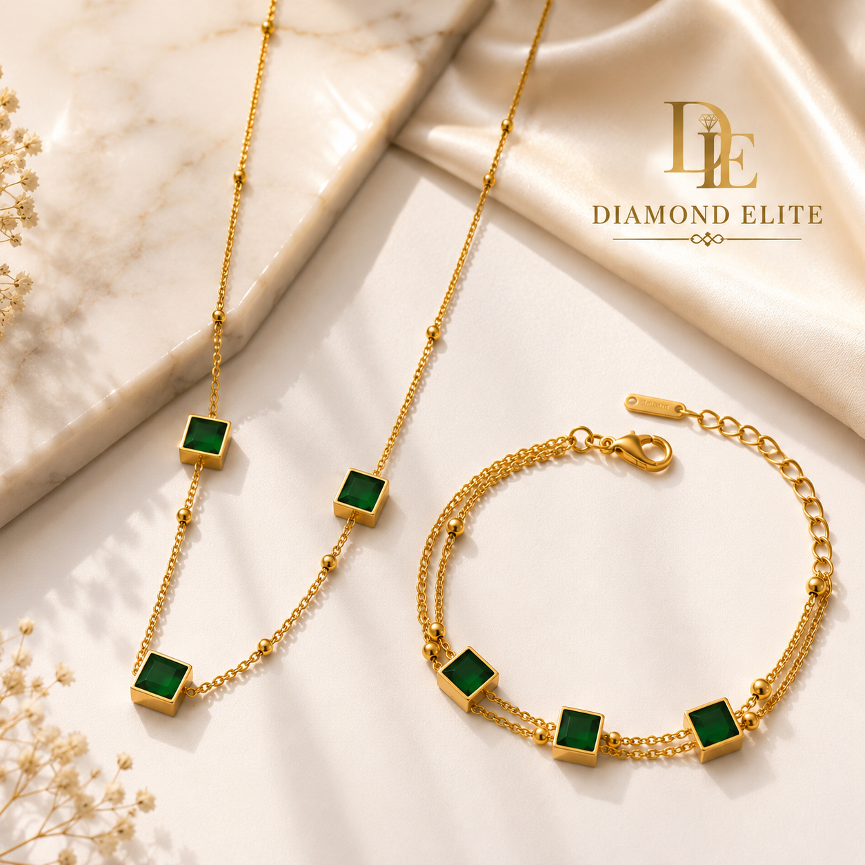 Diamond Elite Luxury Green Emerald Stainless Steel Necklace & Bracelet Set