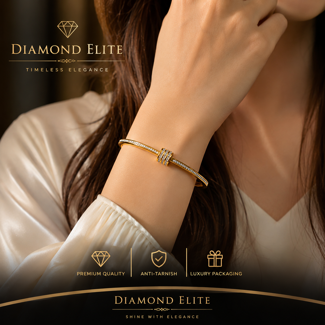 Diamond Elite Luxury Gold-Plated Stainless Steel Bangle Bracelet ✨