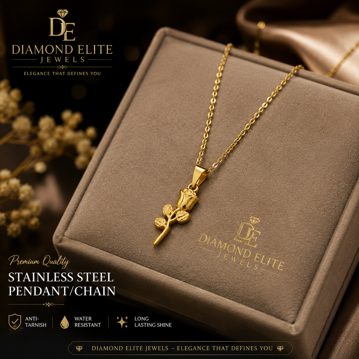Diamond Elite Jewels Elegant Rose Pendant Chain | Luxury Gold-Plated Necklace