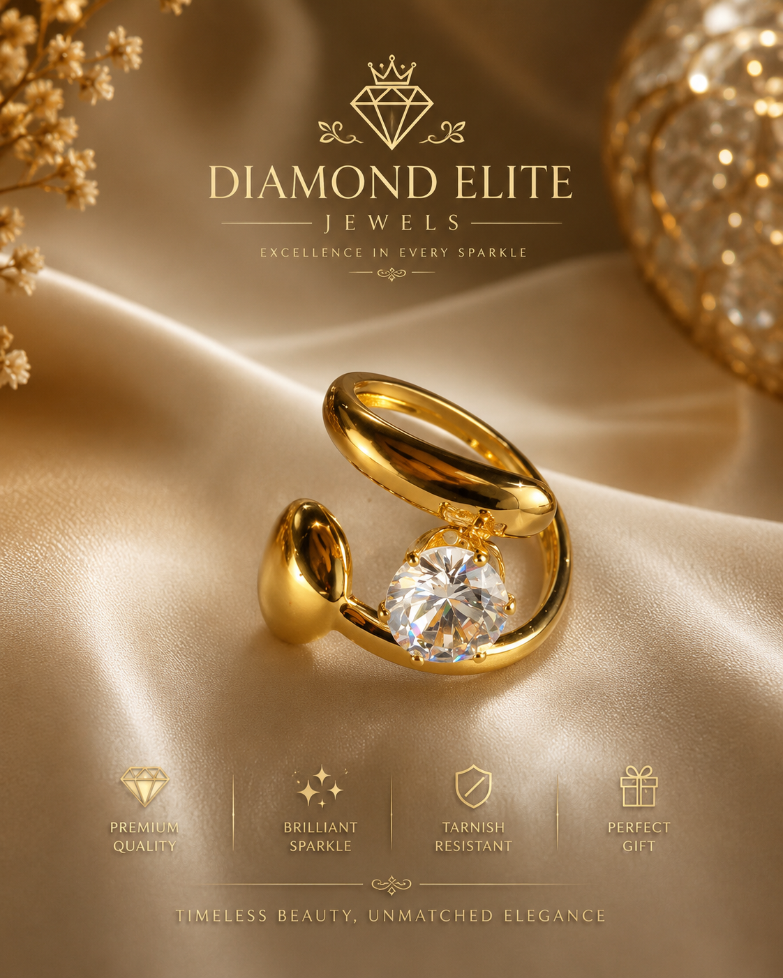 Diamond Elite Gold Plated Adjustable Open Ring with Brilliant Cubic Zirconia Stone